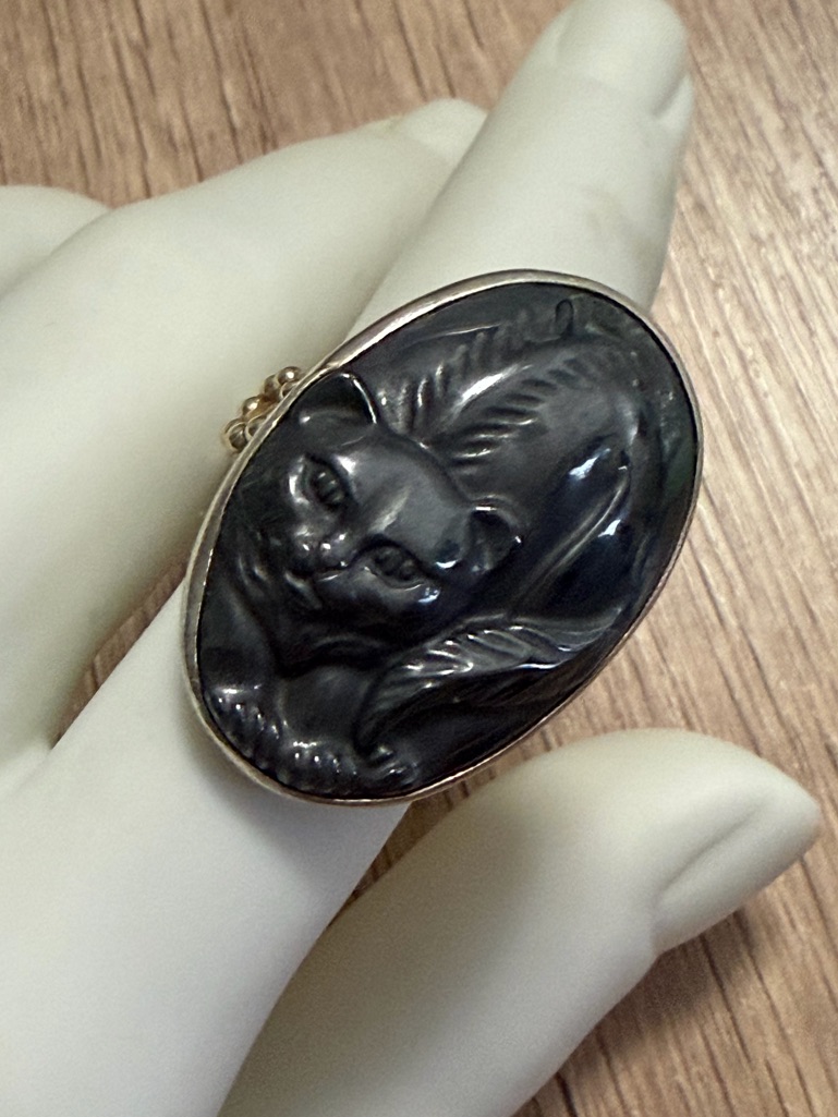 Vintage Hematite Cat Cameo Ring Adjustable Sterling Silver 925 Statement